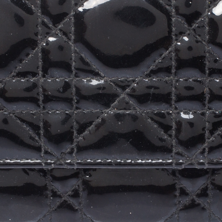 Pre Owned Dior Black Cannage Patent Leather Lady Dior Wallet on Chain