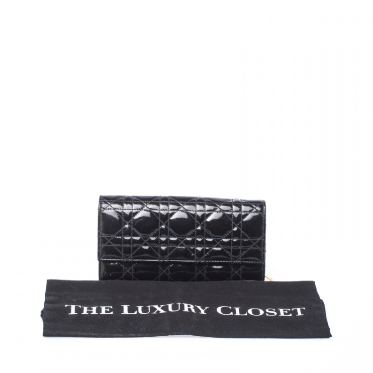 Pre Owned Dior Black Cannage Patent Leather Lady Dior Wallet on Chain