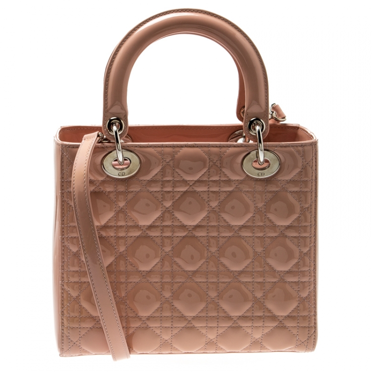 Pre Owned Dior Beige Patent Leather Medium Lady Dior Tote