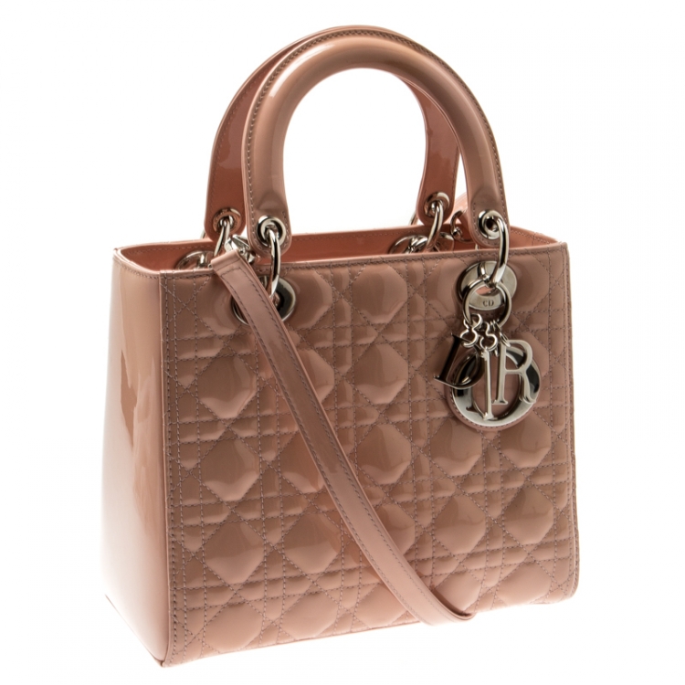 Pre Owned Dior Beige Patent Leather Medium Lady Dior Tote