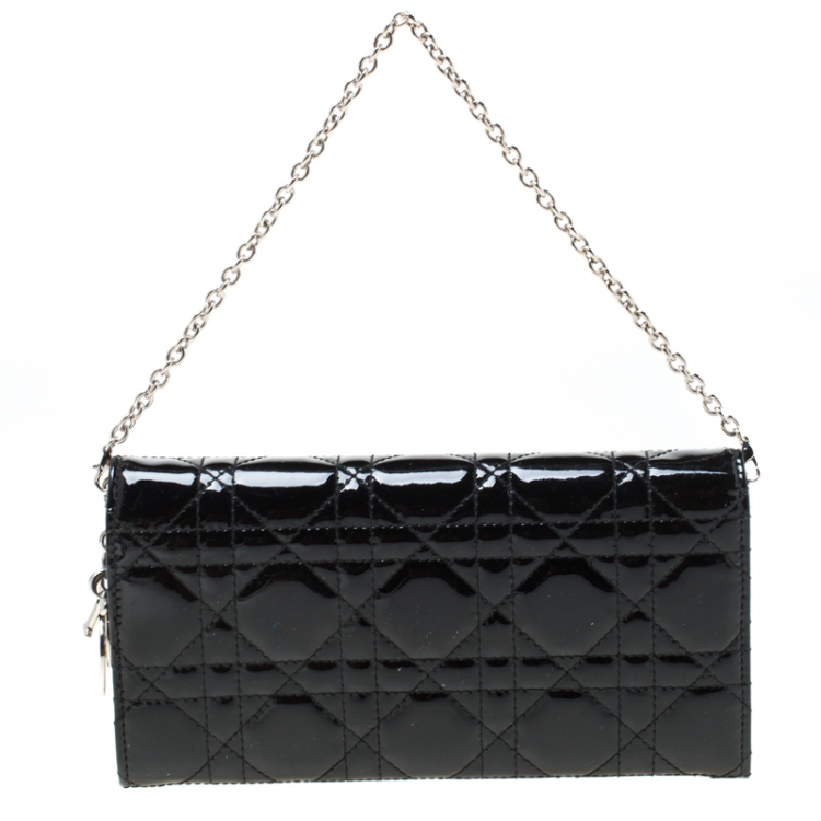 Pre Owned Dior Black Cannage Patent Leather Wallet on Chain