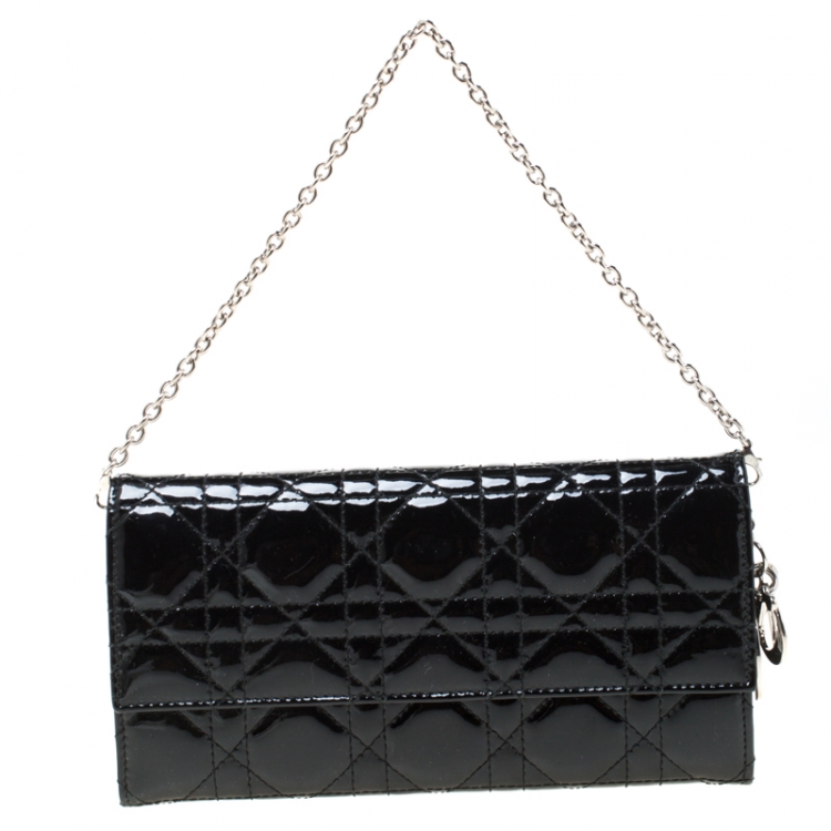 Pre Owned Dior Black Cannage Patent Leather Wallet on Chain