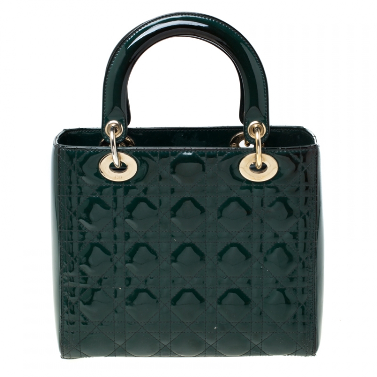 Pre Owned Dior Green Patent Leather Medium Lady Dior Tote