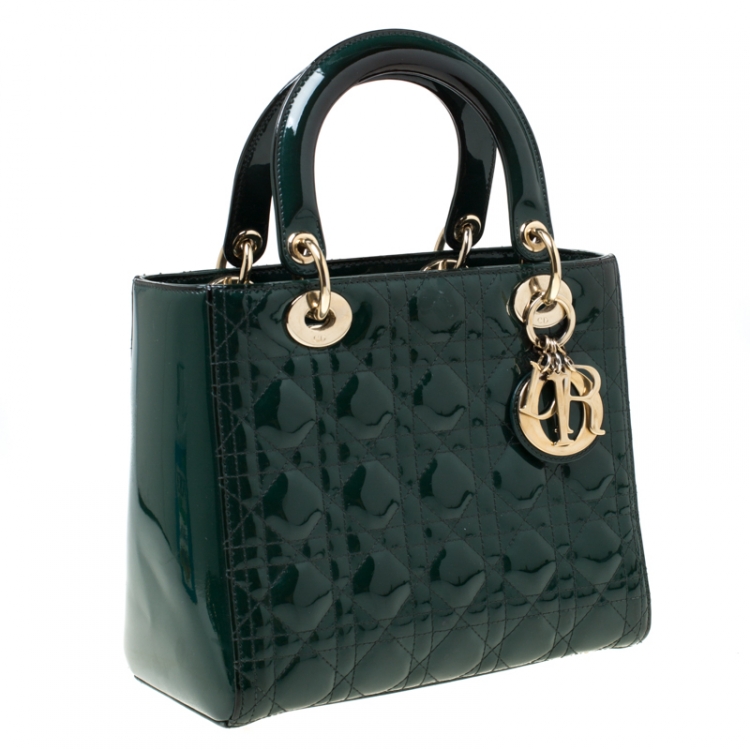 Pre Owned Dior Green Patent Leather Medium Lady Dior Tote