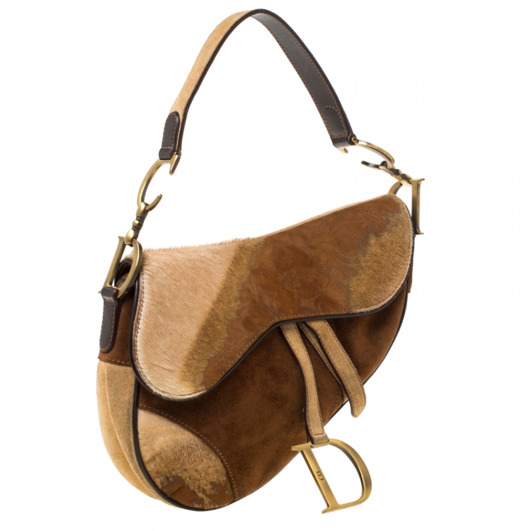 Pre Owned Dior Brown Fur and Nubuck Leather Limited Edition Saddle Bag