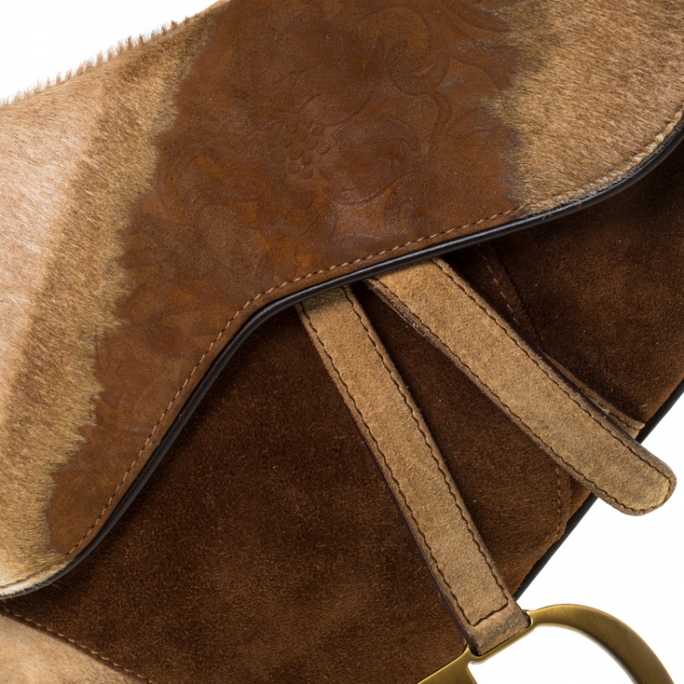 Pre Owned Dior Brown Fur and Nubuck Leather Limited Edition Saddle Bag