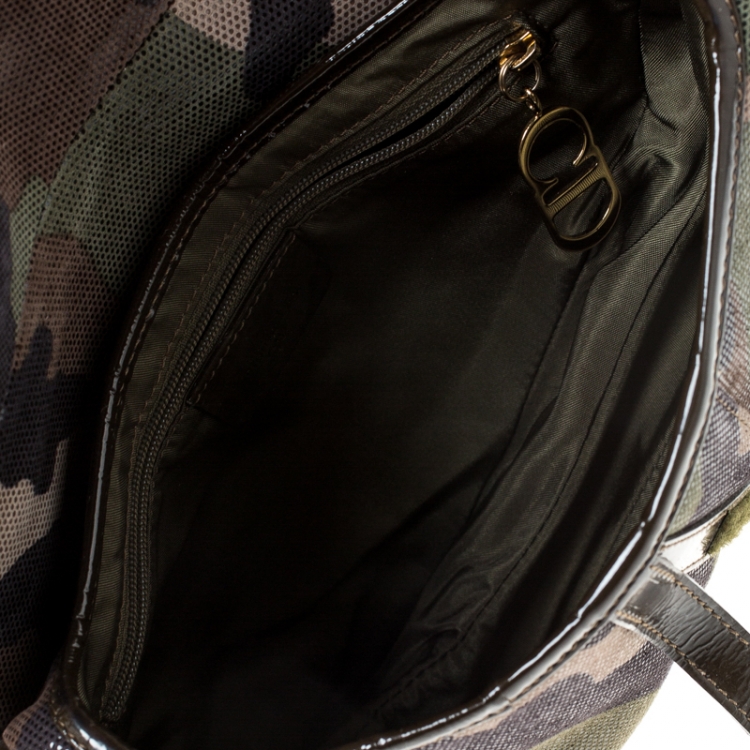Pre Owned Dior Green Camouflage Print Leather Saddle Bag