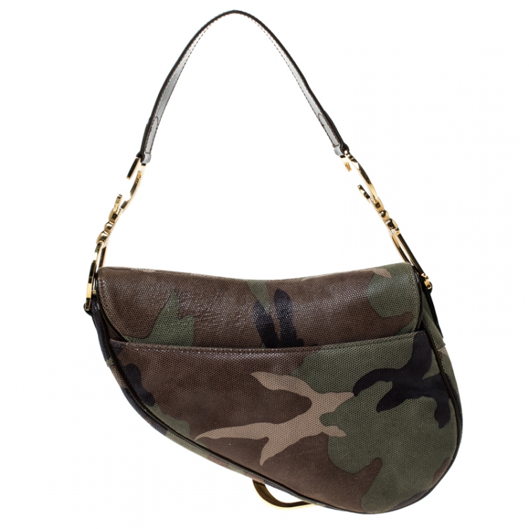 Pre Owned Dior Green Camouflage Print Leather Saddle Bag