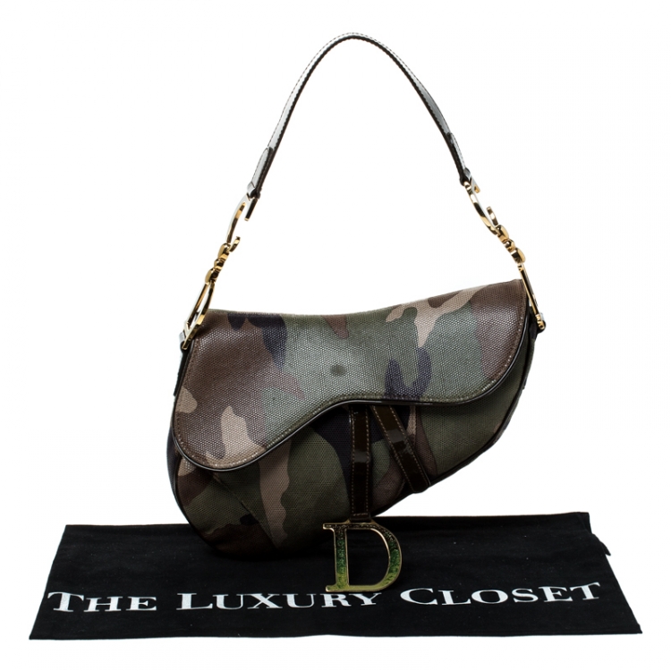 Pre Owned Dior Green Camouflage Print Leather Saddle Bag