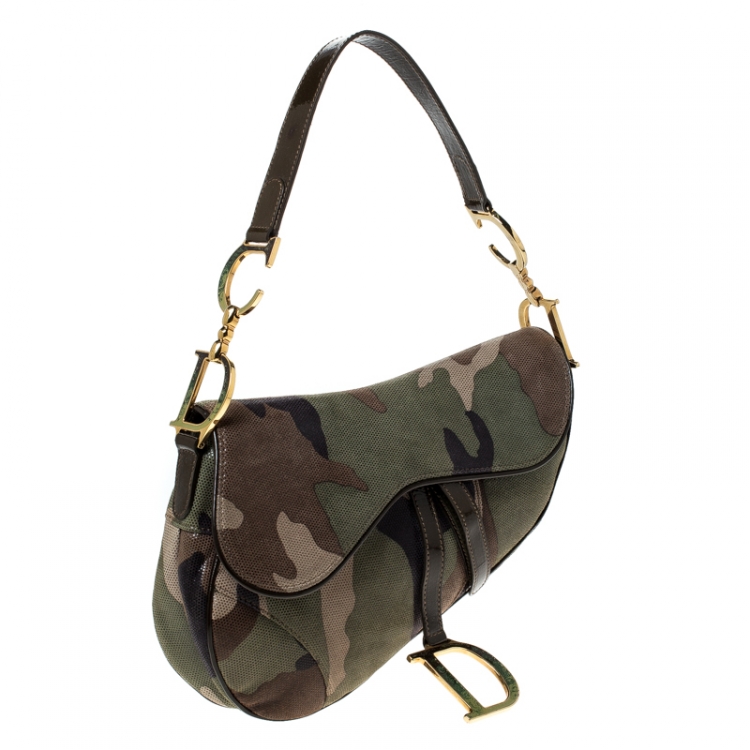 Pre Owned Dior Green Camouflage Print Leather Saddle Bag