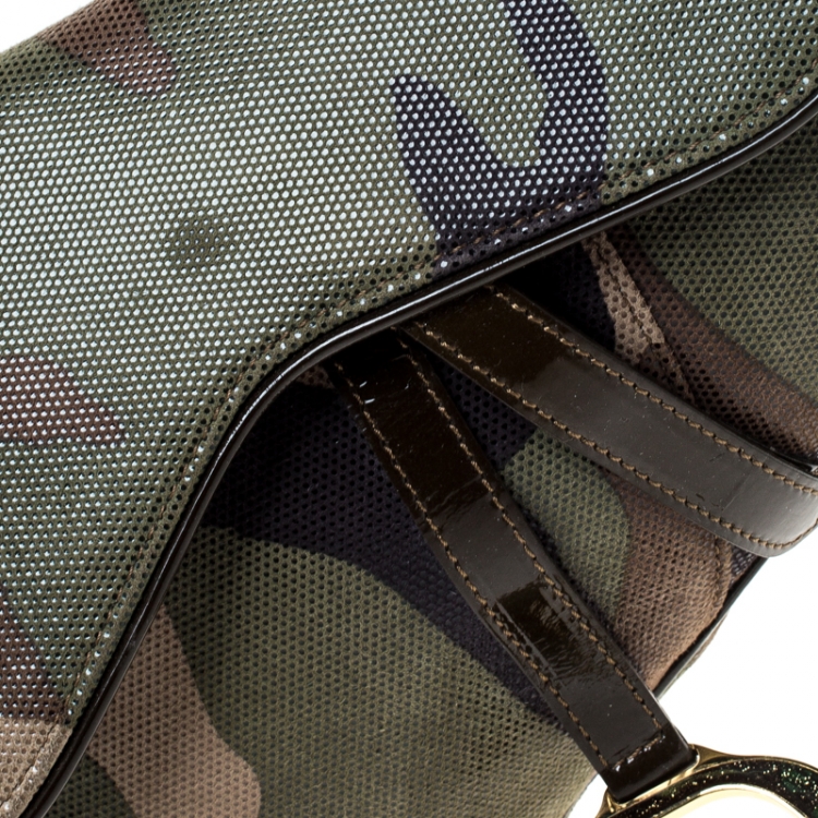 Pre Owned Dior Green Camouflage Print Leather Saddle Bag