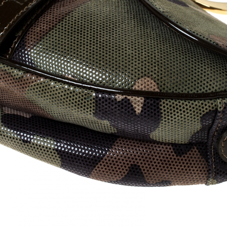Pre Owned Dior Green Camouflage Print Leather Saddle Bag