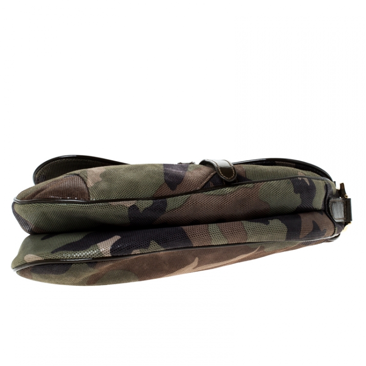 Pre Owned Dior Green Camouflage Print Leather Saddle Bag