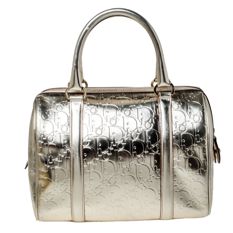 Pre Owned Christian Dior Gold Oblique Monogram Patent Leather Boston Bag