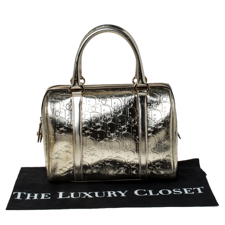 Pre Owned Christian Dior Gold Oblique Monogram Patent Leather Boston Bag