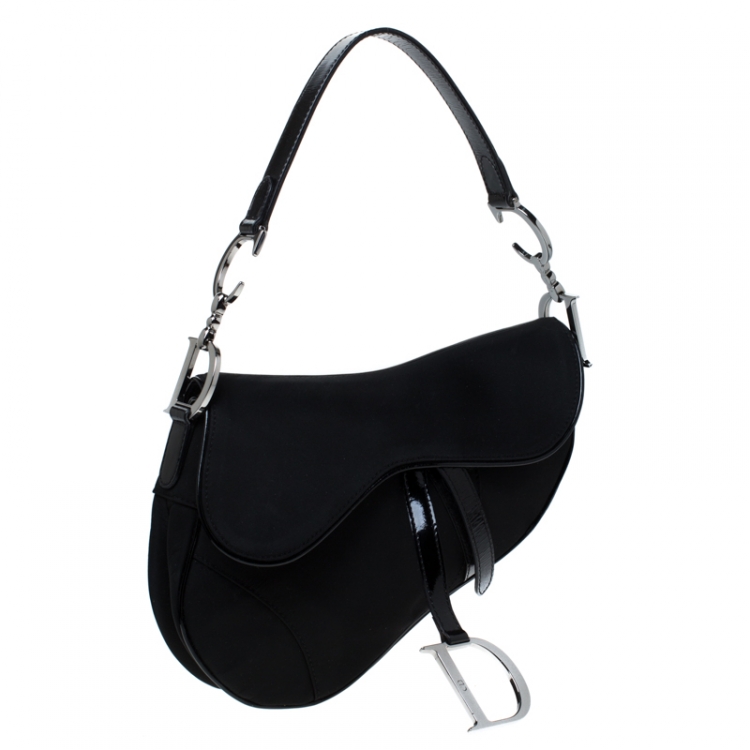 Pre Owned Dior Black Nylon and Patent Leather Saddle Bag