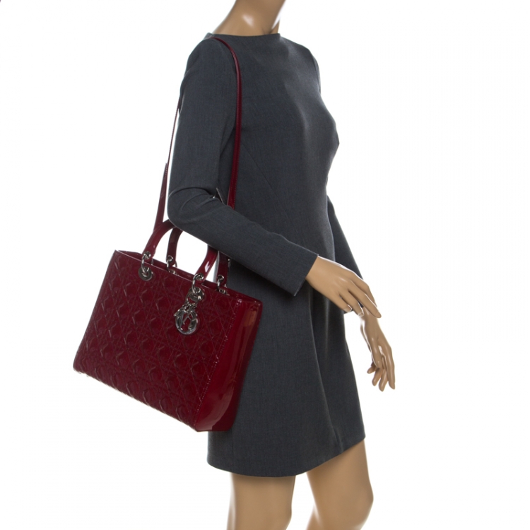 Pre Owned Dior Red Cannage Patent Leather Large Lady Dior Tote