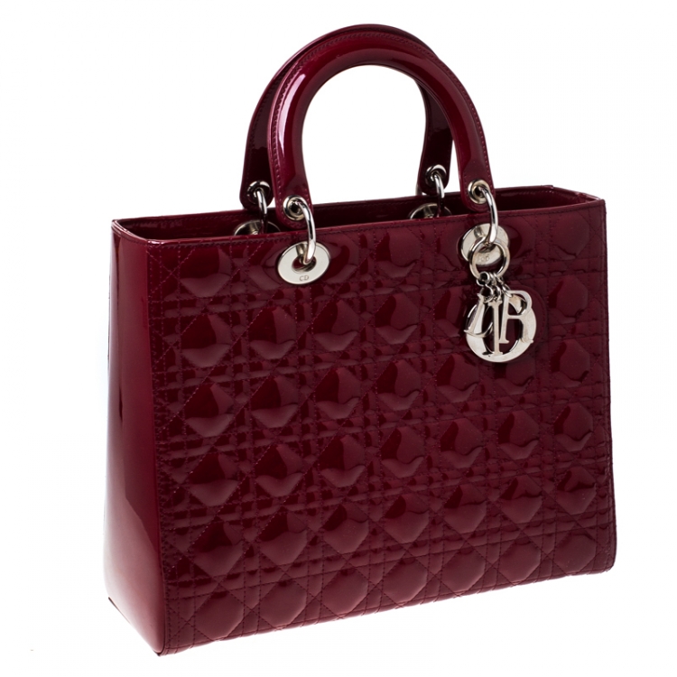 Pre Owned Dior Red Cannage Patent Leather Large Lady Dior Tote