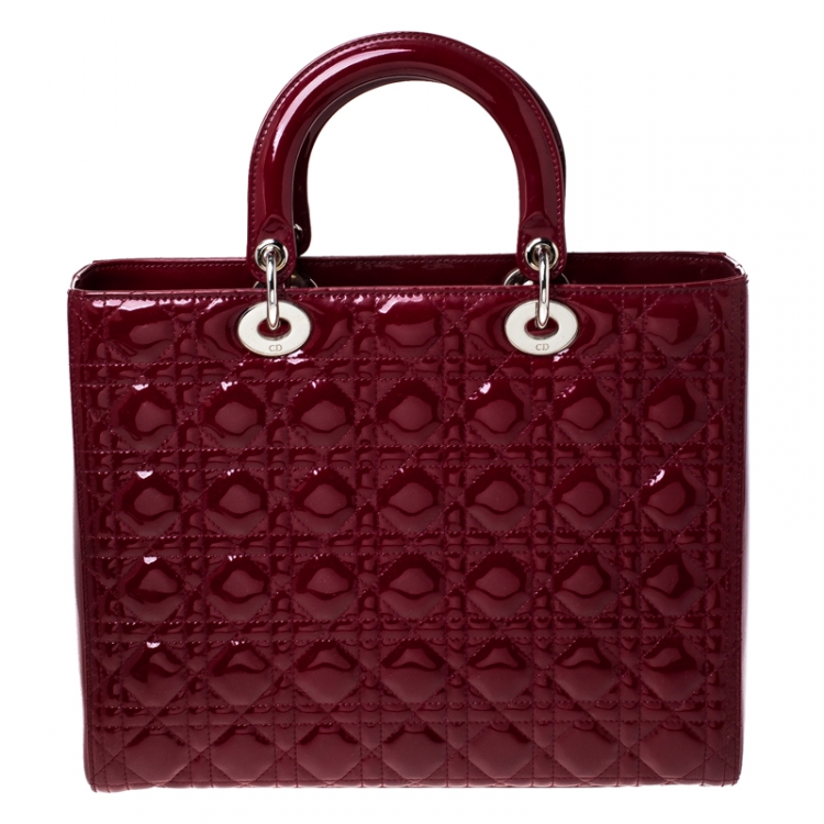Pre Owned Dior Red Cannage Patent Leather Large Lady Dior Tote