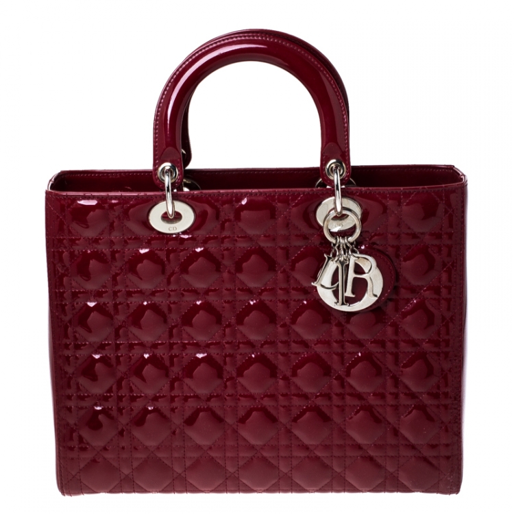 Pre Owned Dior Red Cannage Patent Leather Large Lady Dior Tote