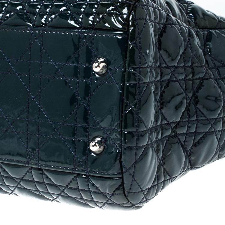 Pre Owned Dior Dark Green Cannage Quilted Patent Leather Medium Shopper Tote