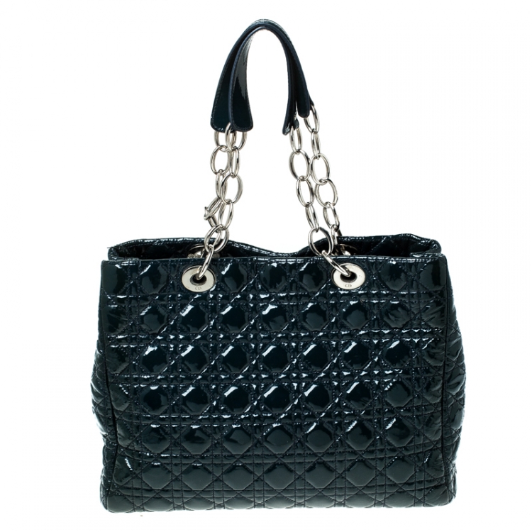 Pre Owned Dior Dark Green Cannage Quilted Patent Leather Medium Shopper Tote