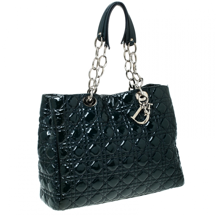 Pre Owned Dior Dark Green Cannage Quilted Patent Leather Medium Shopper Tote