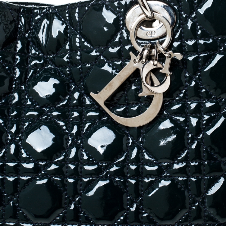 Pre Owned Dior Dark Green Cannage Quilted Patent Leather Medium Shopper Tote