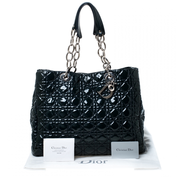 Pre Owned Dior Dark Green Cannage Quilted Patent Leather Medium Shopper Tote