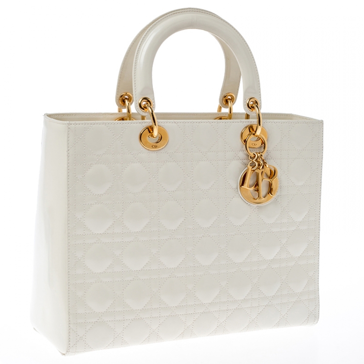 Pre Owned Dior White Cannage Patent Leather Large Lady Dior Tote