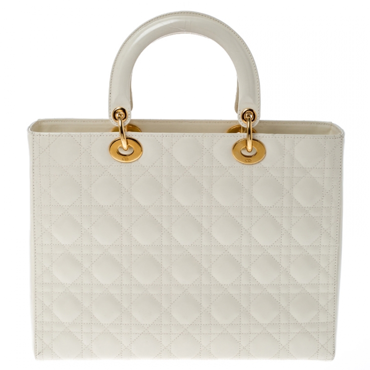 Pre Owned Dior White Cannage Patent Leather Large Lady Dior Tote