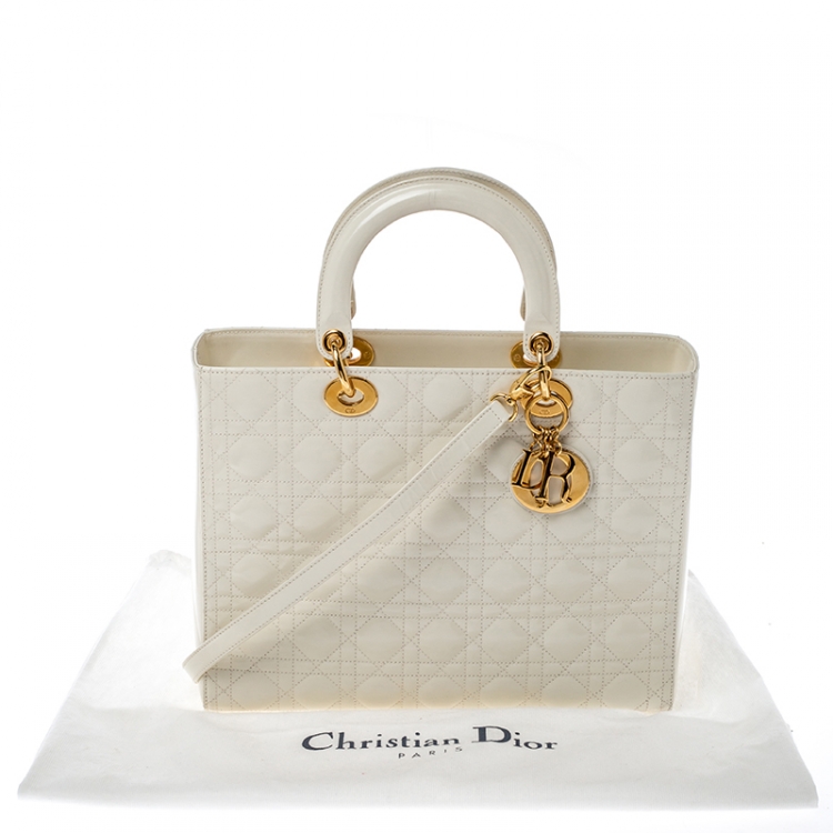Pre Owned Dior White Cannage Patent Leather Large Lady Dior Tote