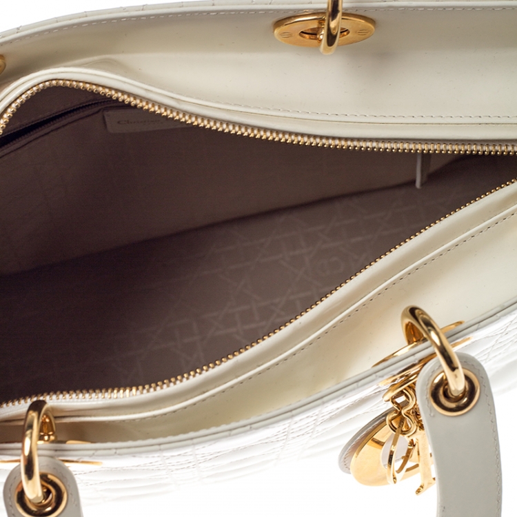 Pre Owned Dior White Cannage Patent Leather Large Lady Dior Tote