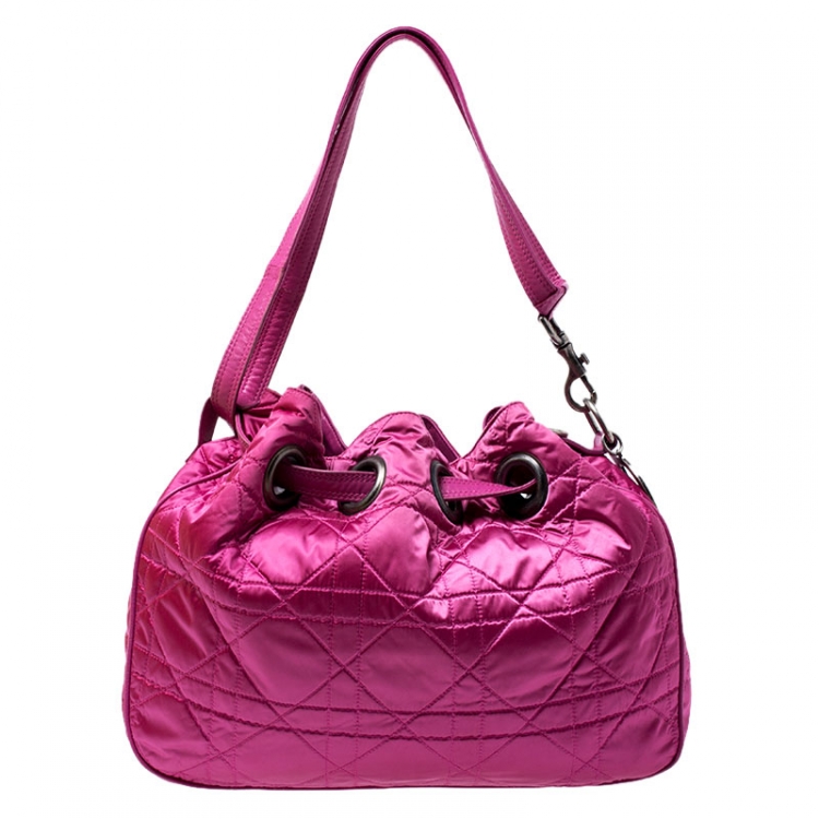 Pre Owned Dior Pink Cannage Nylon Drawstring Hobo