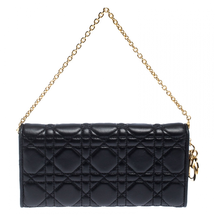 Pre Owned Dior Black Quilted Cannage Leather Lady Dior Wallet on Chain