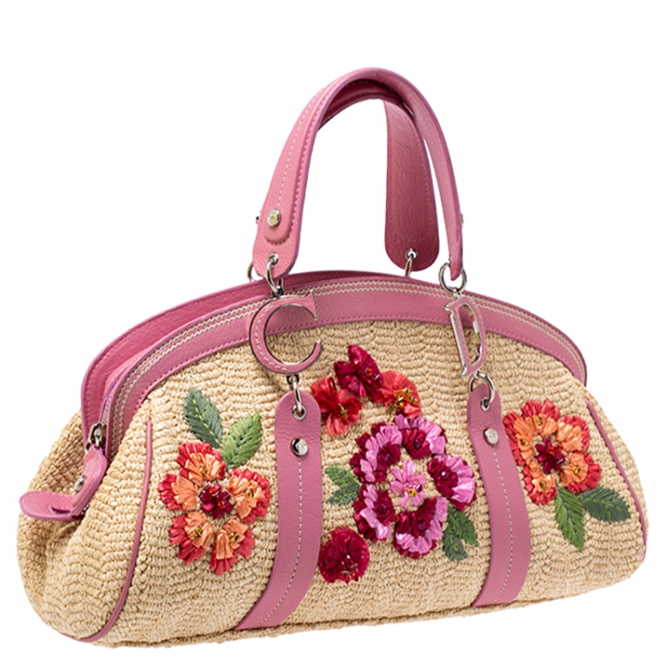 Pre Owned Dior Multicolor Raffia/Leather Floral  Detective Doctor Bag