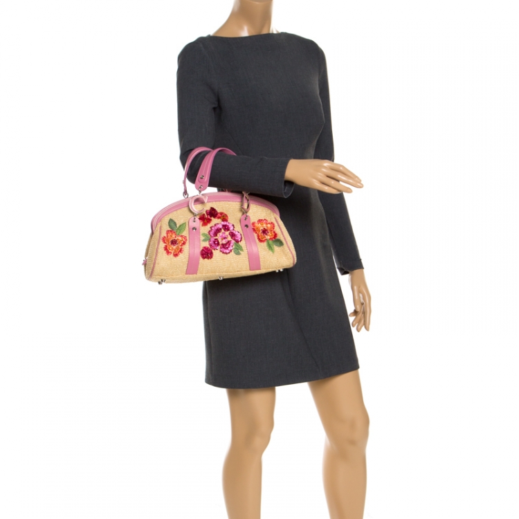 Pre Owned Dior Multicolor Raffia/Leather Floral  Detective Doctor Bag