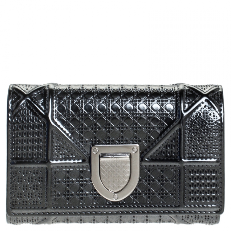 Dior Metallic Grey Micro Cannage Patent Leather Diorama Trifold Wallet ...