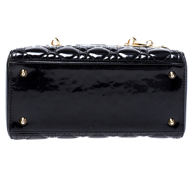 Pre Owned Dior Black Cannage Quilted Patent Leather Medium Lady Dior Tote
