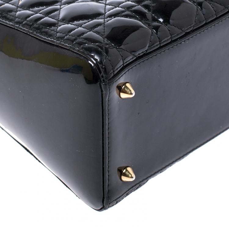 Pre Owned Dior Black Cannage Quilted Patent Leather Medium Lady Dior Tote