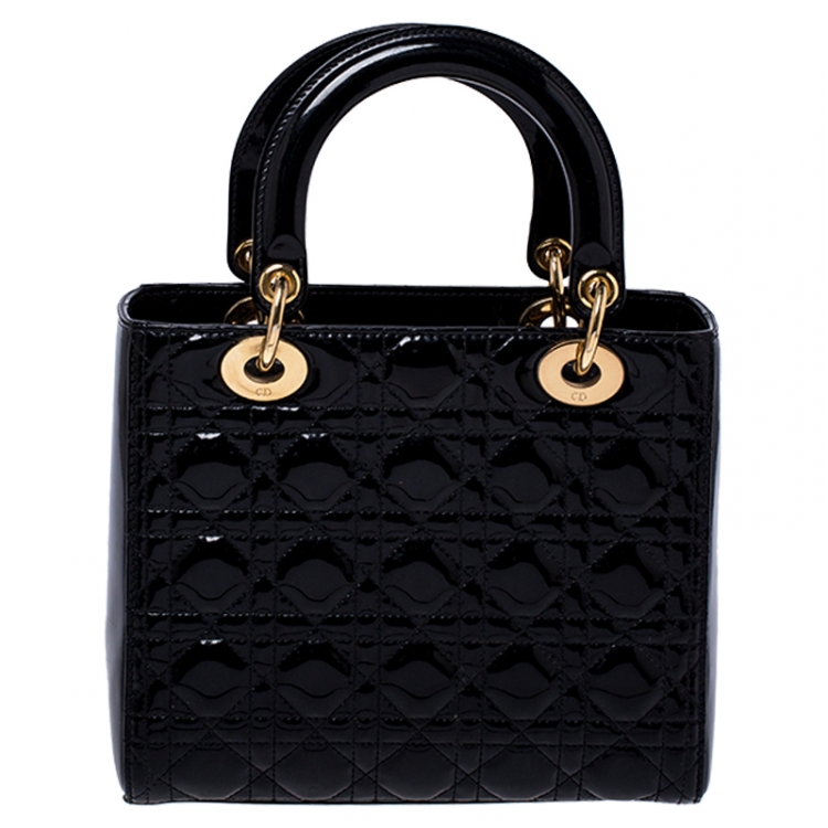 Pre Owned Dior Black Cannage Quilted Patent Leather Medium Lady Dior Tote