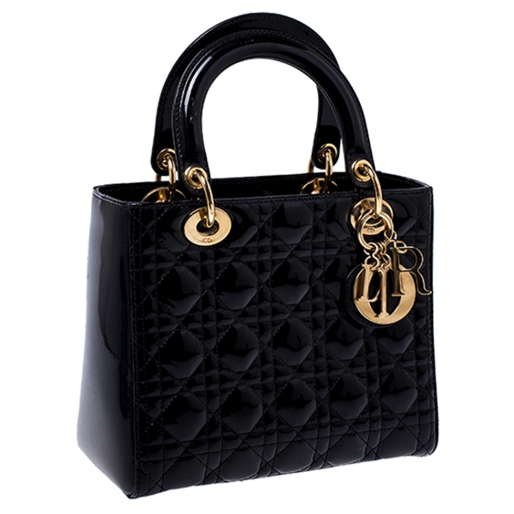 Pre Owned Dior Black Cannage Quilted Patent Leather Medium Lady Dior Tote
