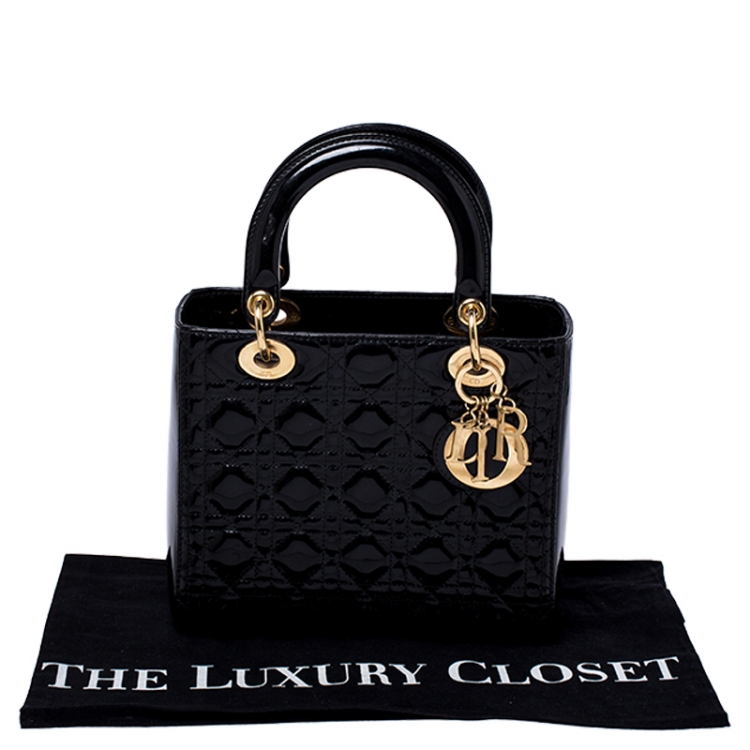 Pre Owned Dior Black Cannage Quilted Patent Leather Medium Lady Dior Tote
