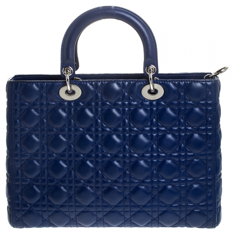 Pre Owned Dior Blue Cannage Leather Large Lady Dior Tote