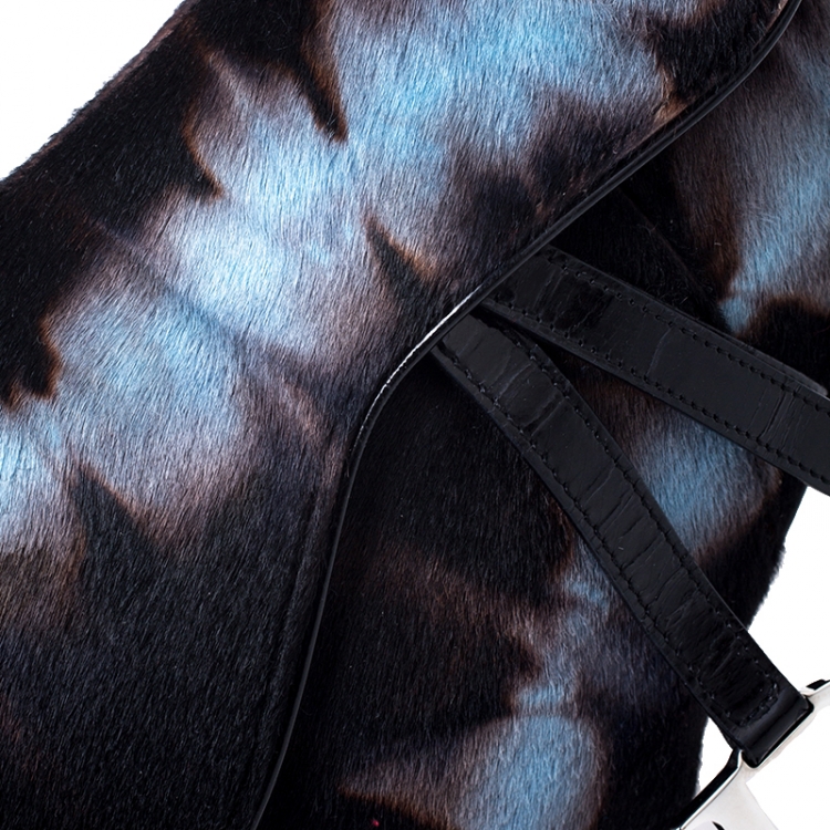 مملوكة مسبقًا Dior Brown/Blue Pony Hair Saddle Bag