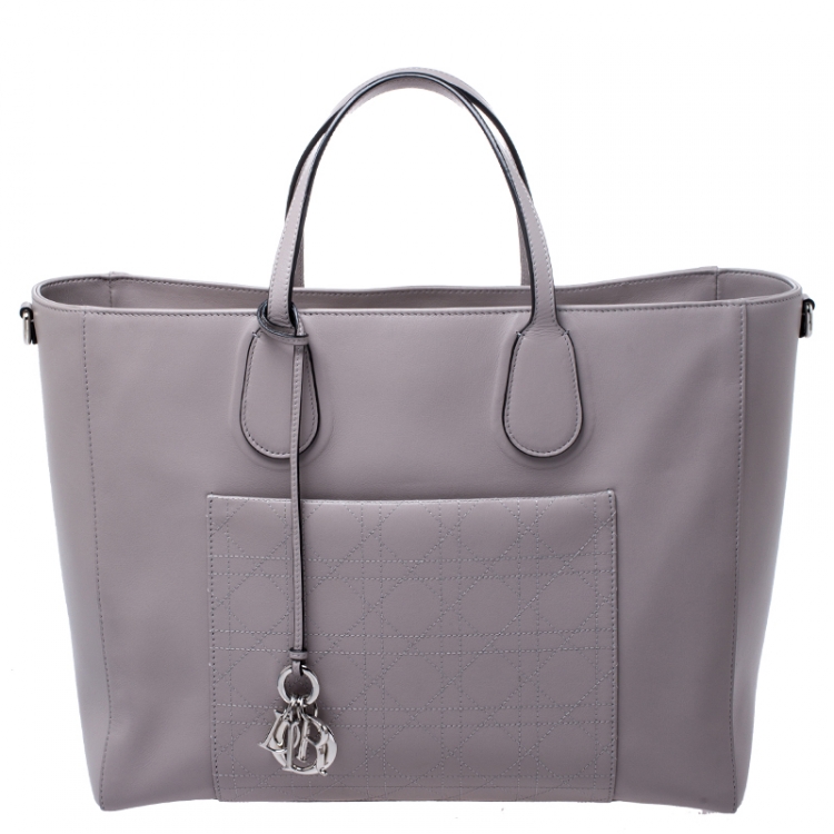 Pre Owned Dior Grey Leather Quilted Detail Front Pocket Shopper Tote