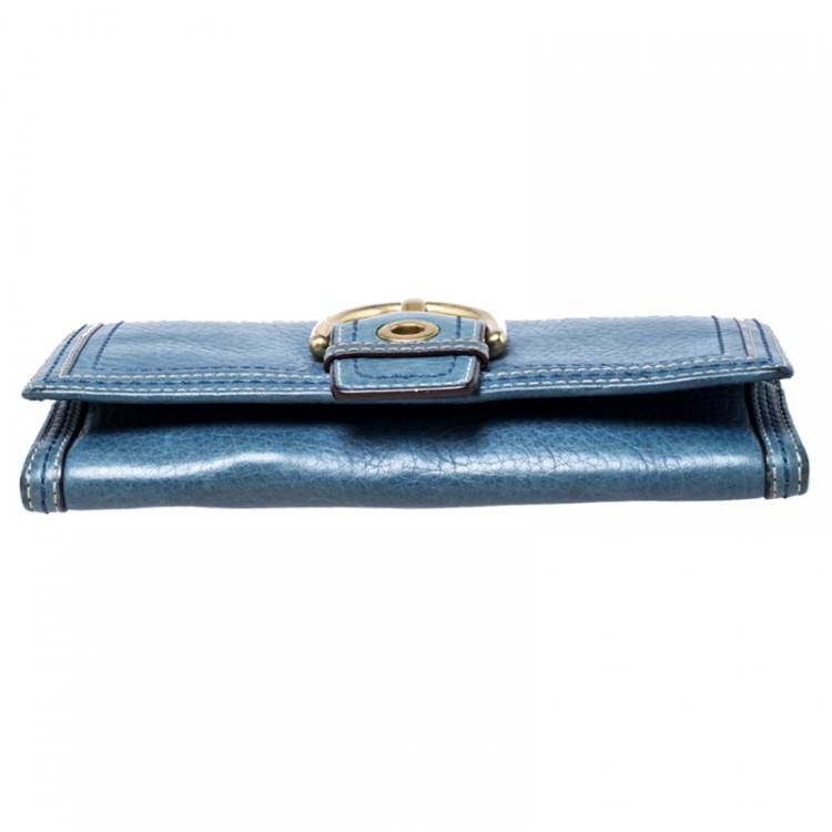 Pre Owned Coach Blue Leather Buckle Strap Flap Continental Wallet