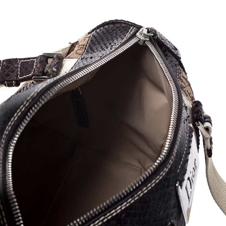 Pre Owned Dior Brown Diorissimo Canvas And Python Small Boston Bag