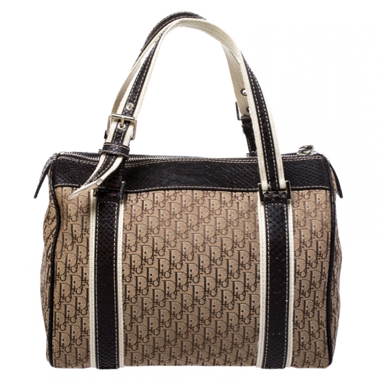 Pre Owned Dior Brown Diorissimo Canvas And Python Small Boston Bag