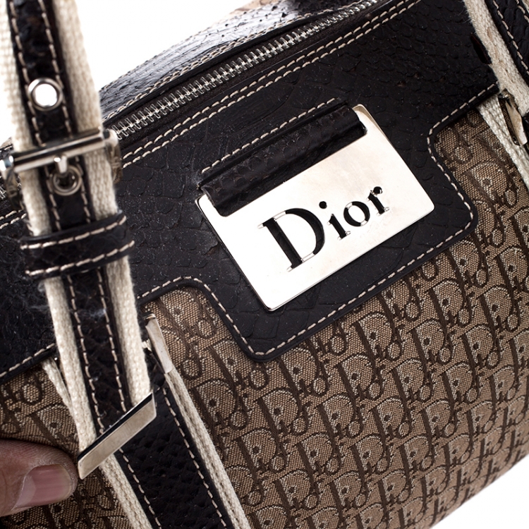 Pre Owned Dior Brown Diorissimo Canvas And Python Small Boston Bag